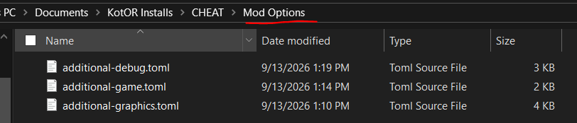 3 TOML config files sitting in a windows directory named "Mod Options"