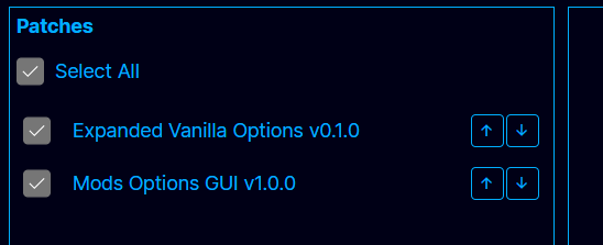 KPM UI, showing botht the Expanded Vanilla Options and Mod Options GUI patches selected